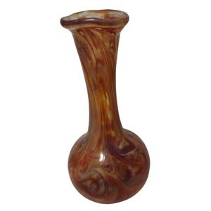 Hand Blown Glass Mini Vase With Orange Swirl Design Vintage 4.5 Inches‎